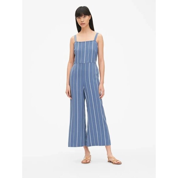 Gap Blue & White Vertical Stripe Wide Leg Crop Jumpsuit 4 - Picture 1 of 7